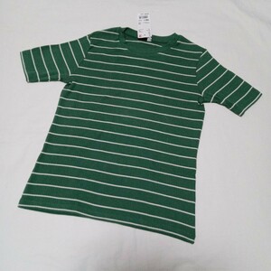 新品 UNIQLO リブ 半袖 Tシャツ ボーダー グリーン 150cm 半袖Tシャツ ボーダー柄