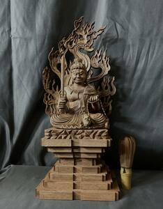 41cm仏教工芸品　総楠製　井波彫刻　極上彫　木彫仏像　不動明王座像