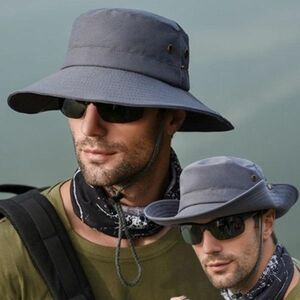 サファリハット メンズ レディース 撥水 大きい 帽子 ハット バケット つば広 UV カット あご紐　グレー