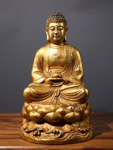 ◆旧蔵◆古美術 中国古玩 大明永樂年製款　古銅制 銅塗金　釈迦牟尼 仏坐像　時代物　AT17