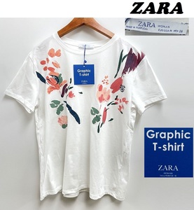 未使用品 /M/ ZARA ホワイト 花柄グラフィック半袖Tシャツ フラワープリント レディース タグ カジュアル レジャートップス 定番 通勤 ザラ