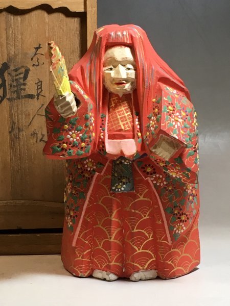 奈良一刀彫 竹泉 作 「一刀彫 猩々」 共箱 木彫 彩色 日本人形 置物