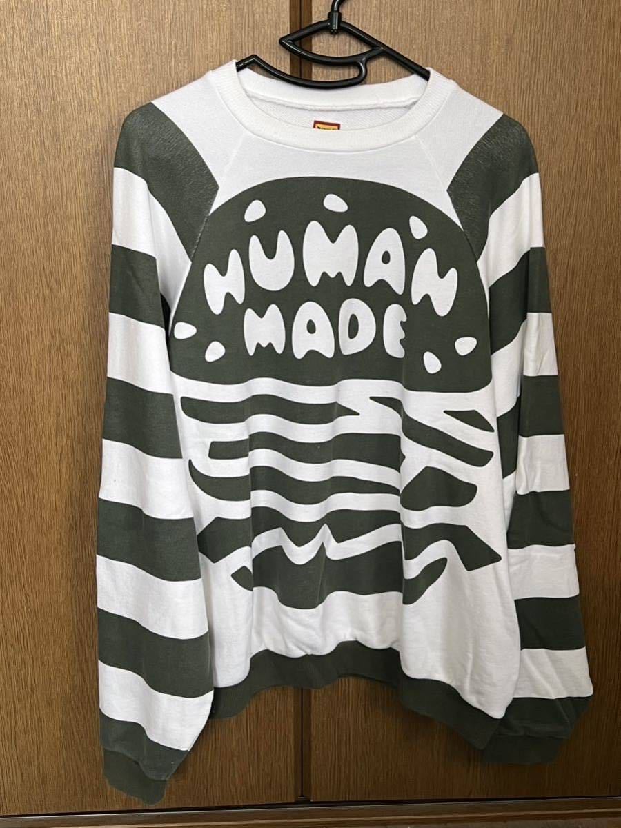 HUMAN MADE ハンバーガー ボーダー スウェット 白×グリーン L-