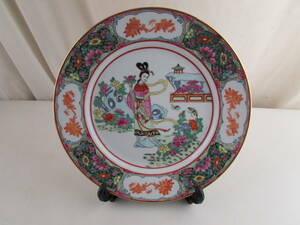 (k6820)中国廣彩　絵皿 金彩　中華食器　２２．５ｃｍ　スタンド付き