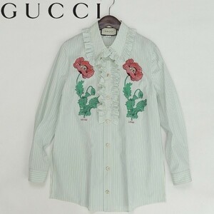 イタリア製◆GUCCI グッチ ストライプ柄 花 フラワー刺繍 フリル サイドスリット 長袖 シャツ 水色×オフホワイト 46