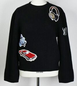 17AW LOUIS VUITTON ルイヴィトン ロゴ ワッペン カシミヤ混 リブ セーター XS 黒 sweater b6681