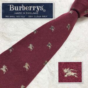 Burberrys バーバリー　ネクタイ　ロゴ刺しゅう　ホースマーク総柄　ウール×シルク　英国製　ボルドー