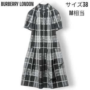 【美品】バーバリーロンドン BURBERRY LONDON ノバチェック シャツ ワンピース ドレス ブラウス バルーンスリーブ スタンドカラー サイズM
