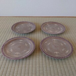 三島 紫彩花紋皿 陶楽 ４客 美品