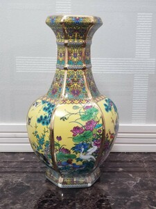 中国 花瓶 古美術　粉彩　黄色花鳥 花器