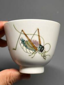 古美術 中国古磁 粉彩 手絵 唐物 コオロギ図 茶碗 清同治在銘 茶道具 美品