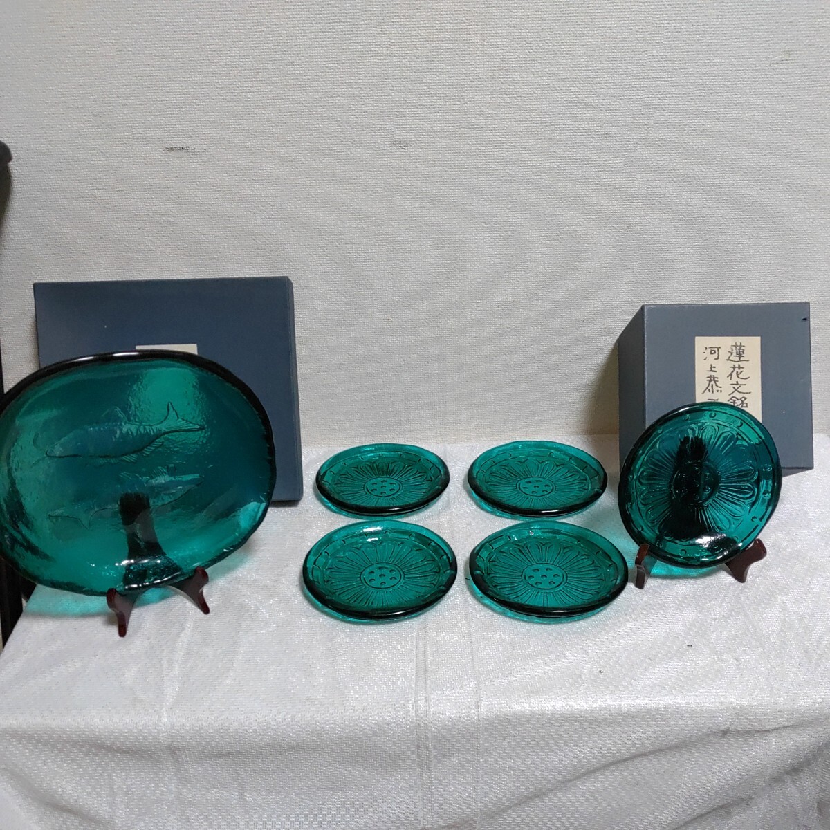 河上恭一郎 瑠璃夏草文切子 煮物碗 5客 ブルー ガラス 椀