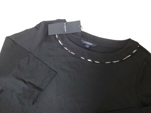 新品未使用 BURBERRY LONDON　首回りチェックライン裾ホースマーク刺繍 七分袖カットソー ４ バーバリー ロンドン 13号　黒　大きいサイズ