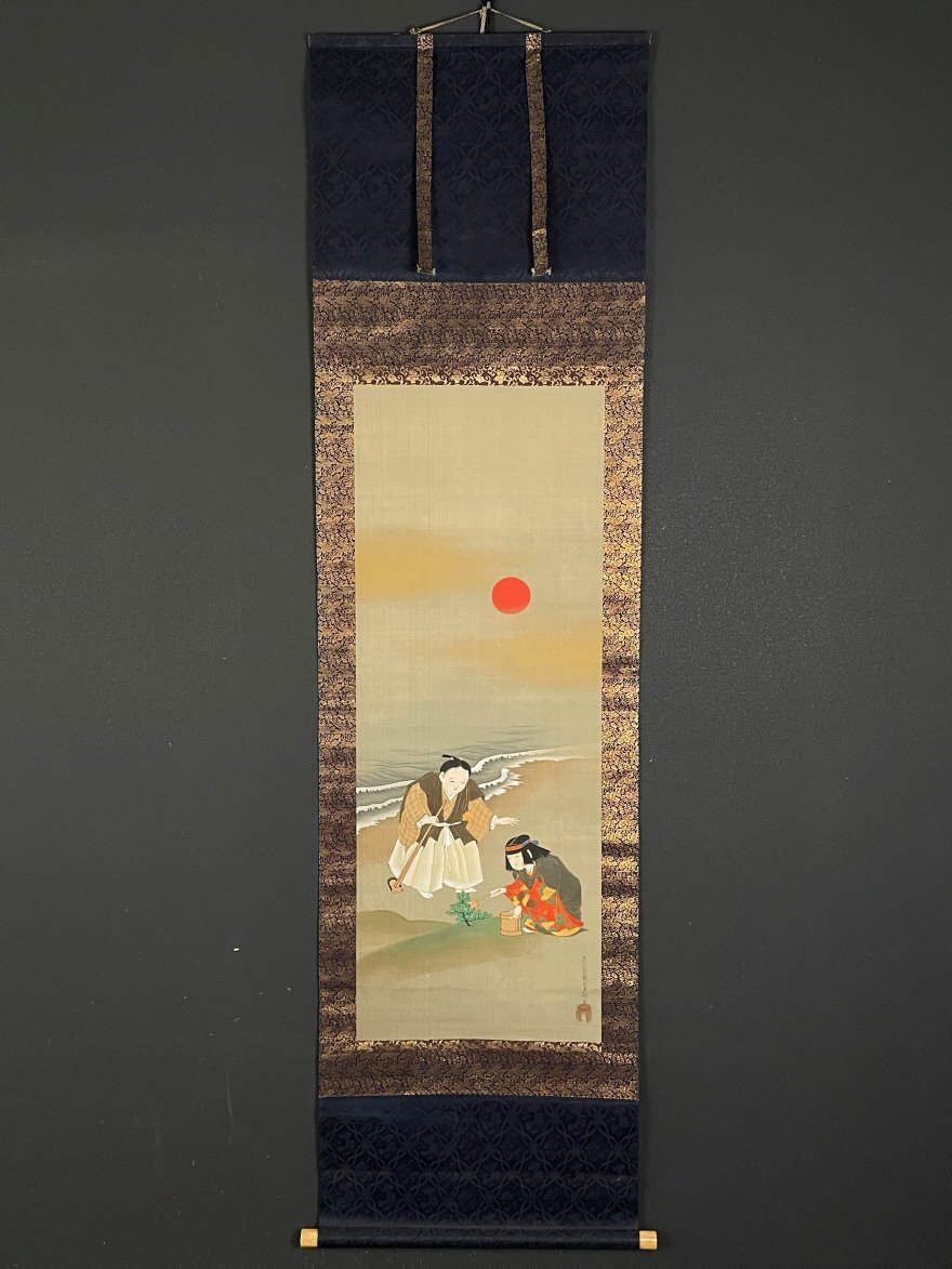 模写/土佐光起/大和絵人力車/人物図/桐箱二重箱付/布袋屋掛軸HI-375