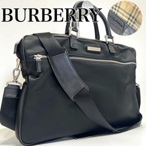 美品●バーバリー BURBERRY メンズ ビジネスバッグ A4収納可能 ブリーフケース 2way 内側ノバチェック レザー ブ　ブラック 書類鞄 ハンド