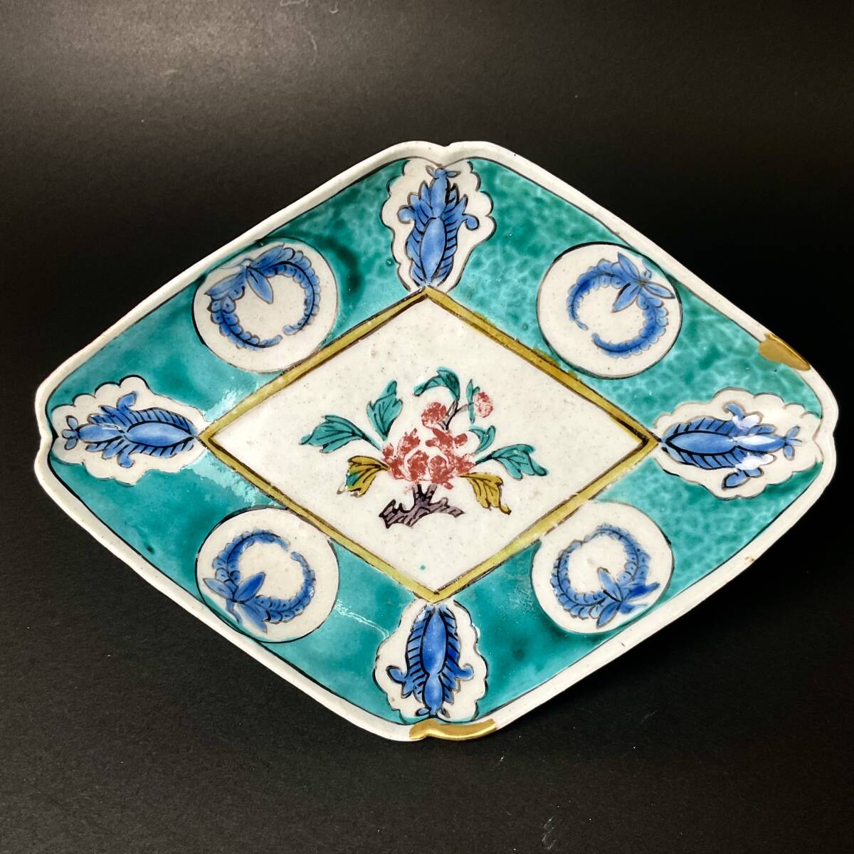 江戸時代末期～明治時代初期 古九谷 色絵 五彩 楼閣人物山水図 四方皿