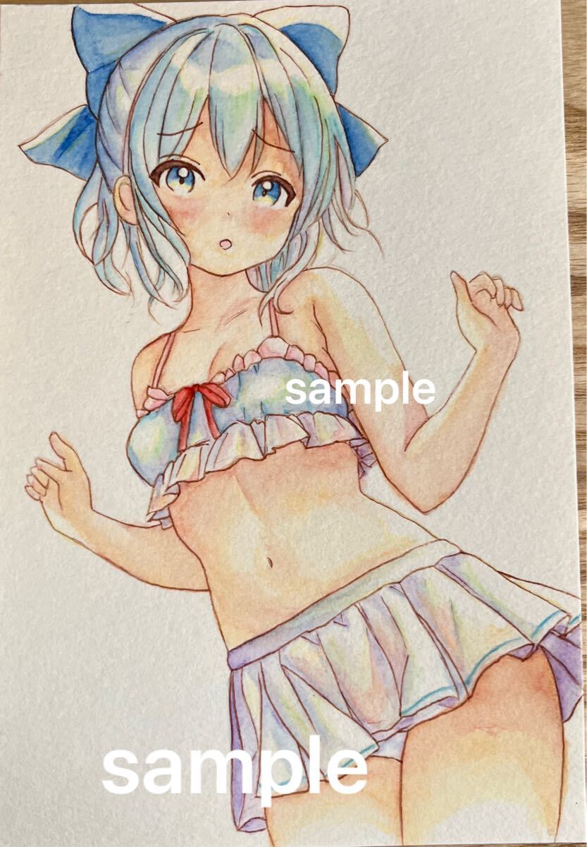 手描きイラスト【東方project チルノ】A4 東方 水着｜手描きイラスト